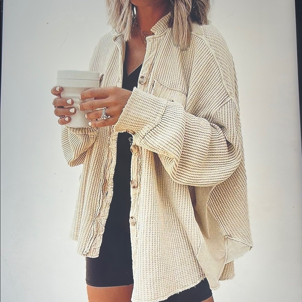 NWOT Waffle Knit Button Down Oversized Shacket Beige